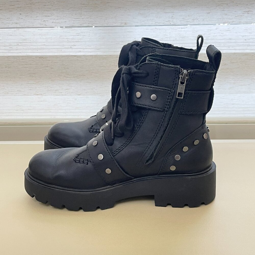 Ugg Zorrah Boots 6 Moto Combat Black Leather Silver Studs Side Zip Strap Buckle - Picture 8 of 16